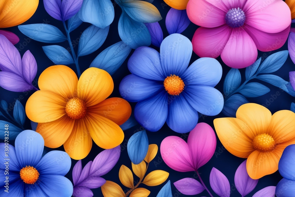 Fototapeta premium Vibrant Floral Design with Colorful Flowers and Leaves on Dark Background for Artwork