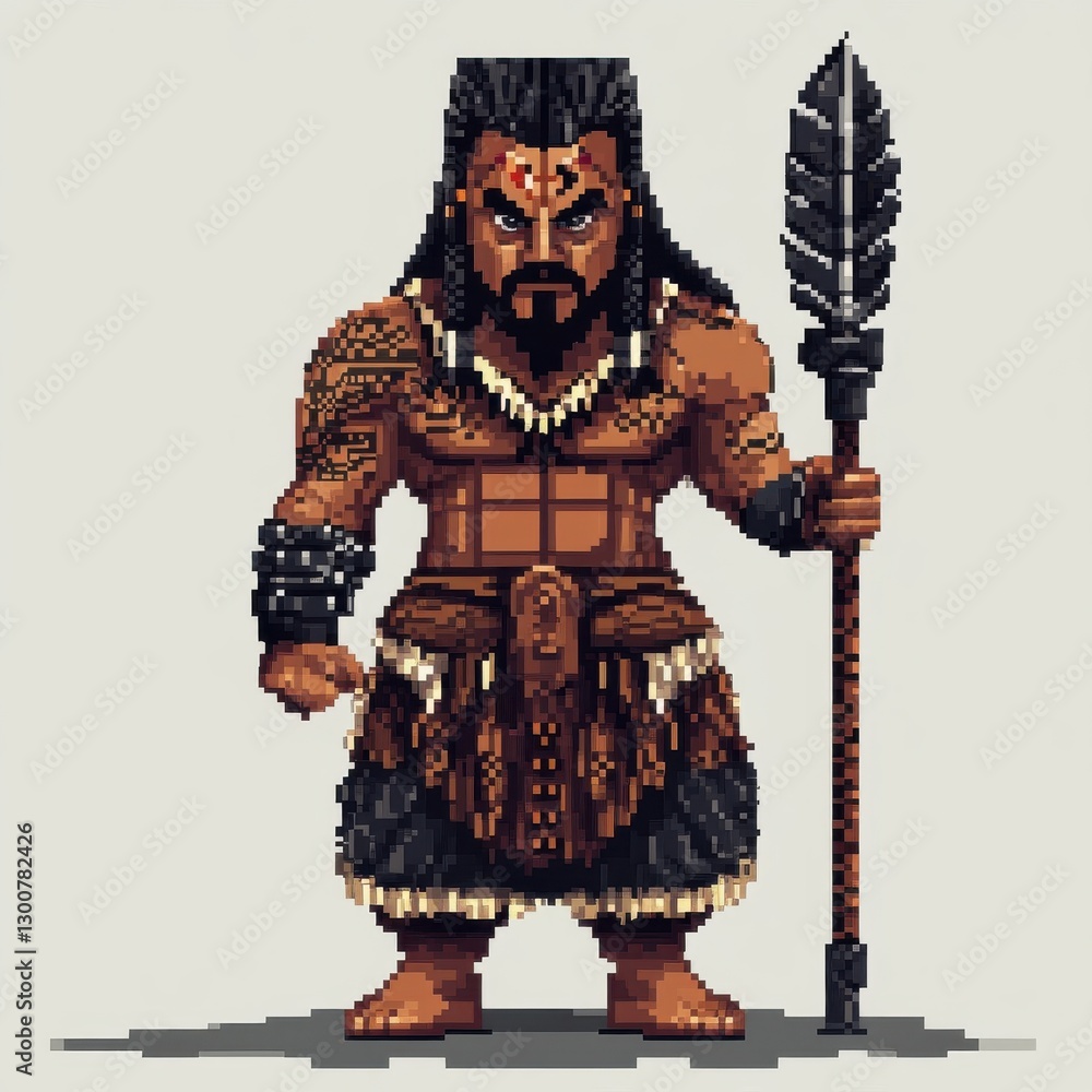 Obraz premium Powerful Warrior Holding a Spear in Pixel Art Style