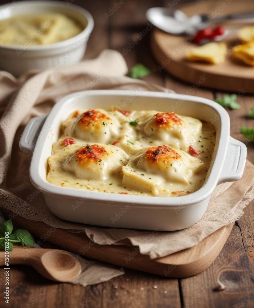 Salami and mozzarella-filled ravioli topped with a rich alfredo gratin sauce in a baking dish , cheese, baked Salami and mozzarella-filled ravioli topped with a rich alfredo gratin sauce in a baking dish , cheese, baked