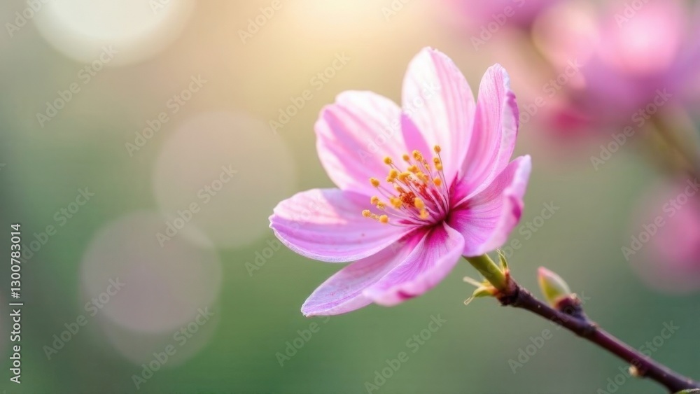 Obraz premium Close-up of pink cherry blossom in sunlight with soft focus background