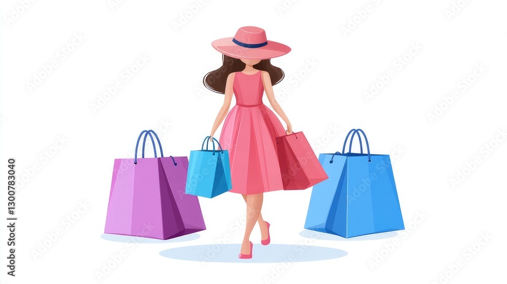 Stylish Woman Shopping in the City, Flat Design Illustration with White Background and Colorful Paper Bags, Fashion Model in Hat, Summer Fashion Pose Stylish Woman Shopping in the City, Flat Design Illustration with White Background and Colorful Paper Bags, Fashion Model in Hat, Summer Fashion Pose