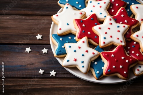 Festive red white and blue star-shaped cookies arranged on a plate ready for celebration during patriotic holidays photo