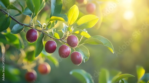 Branch emu apples small oval fruits a deep red to purple hue surrounded by soft green leaves sunlight reflecting off the smooth surface of the fruit close up focus on the texture defocused background photo