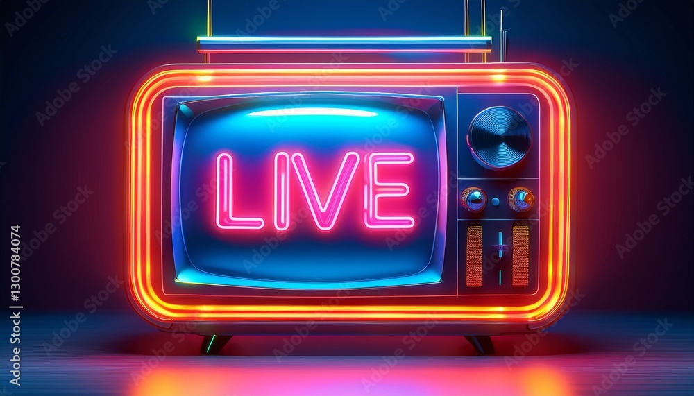 Red illuminating neon sign LIVE on retro-futuristic TV Red illuminating neon sign LIVE on retro-futuristic TV