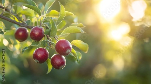 Branch emu apples small oval fruits a deep red to purple hue surrounded by soft green leaves sunlight reflecting off the smooth surface of the fruit close up focus on the texture defocused background photo