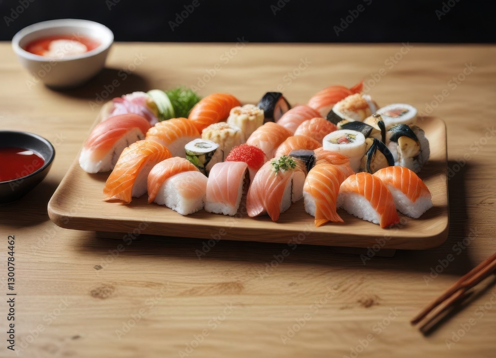 A plate of sushi with a side of fish and seafood , seafood platter, seafood, A plate of sushi with a side of fish and seafood , seafood platter, seafood,