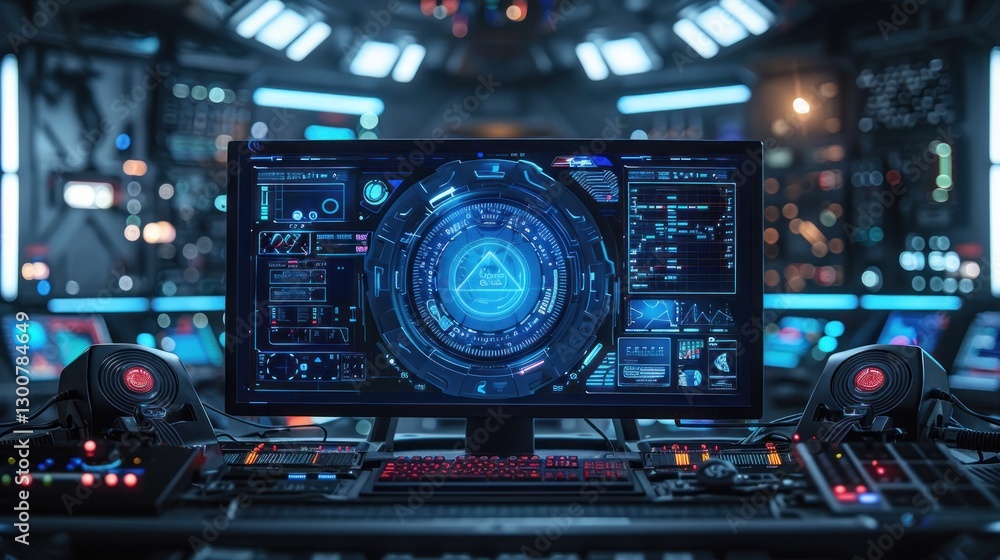 Futuristic computer monitor with a glowing interface in a control room. Futuristic computer monitor with a glowing interface in a control room.
