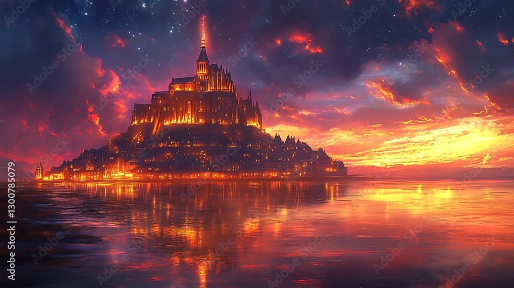 Obraz premium An anime-style twilight view of Mont Saint-Michel, glowing spires illuminated by warm golden light, reflective tidal waters capturing the last colors of the day, and a starry sky emerging. --ar 16:9