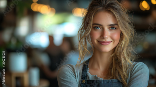 Happy young woman in a café wearing a denim apron.