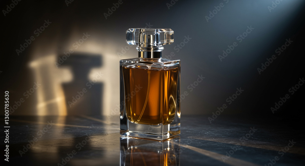 Elegant glass perfume bottle casting shadows under dramatic lighting Elegant glass perfume bottle casting shadows under dramatic lighting