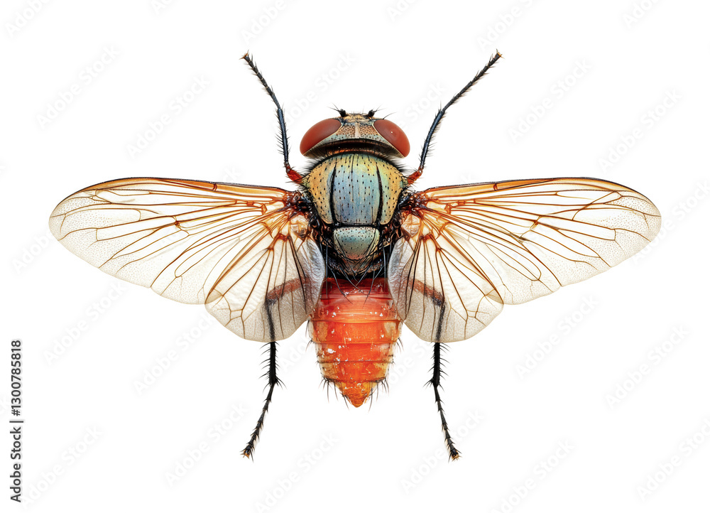 Fototapeta premium The fly is shown from a top view, highlighting its colorful body and elaborate wing patterns, cut out