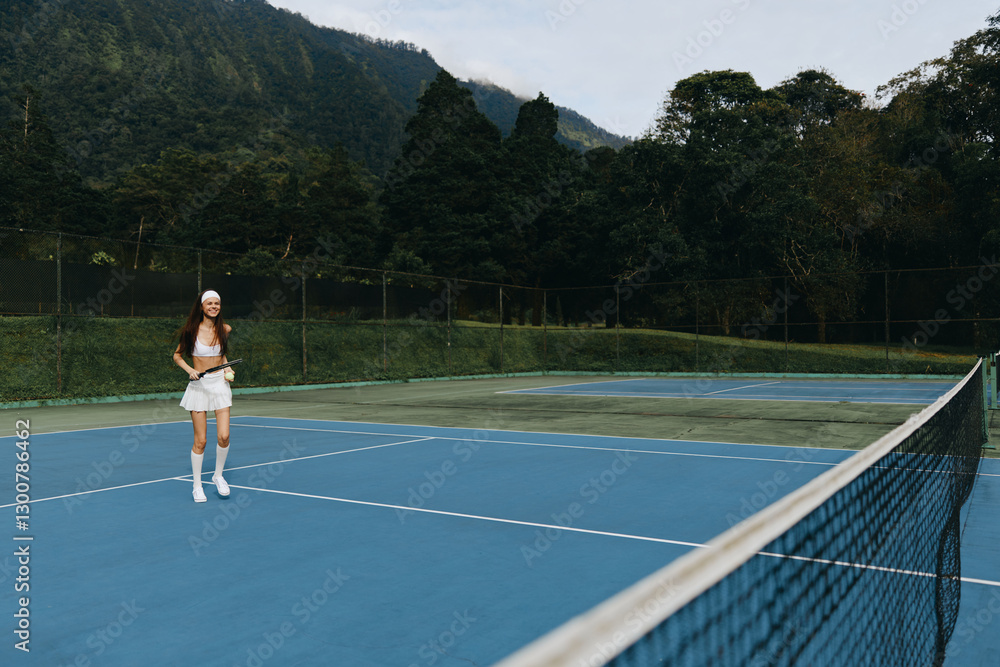 Obraz premium Young female tennis player smiling on a blue court surrounded by lush greenery, showcasing an active lifestyle and passion for sports