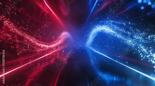 Vibrant abstract red and blue digital waves merge.