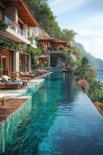 Wallpaper Mural Photographie immobilière extérieure d’une terrasse avec piscine de maison secondaire de villa luxueuse avec terrasse en bois et vue tropicale. rendu 3D, HDR, idées déco et aménagement tendance. Torontodigital.ca