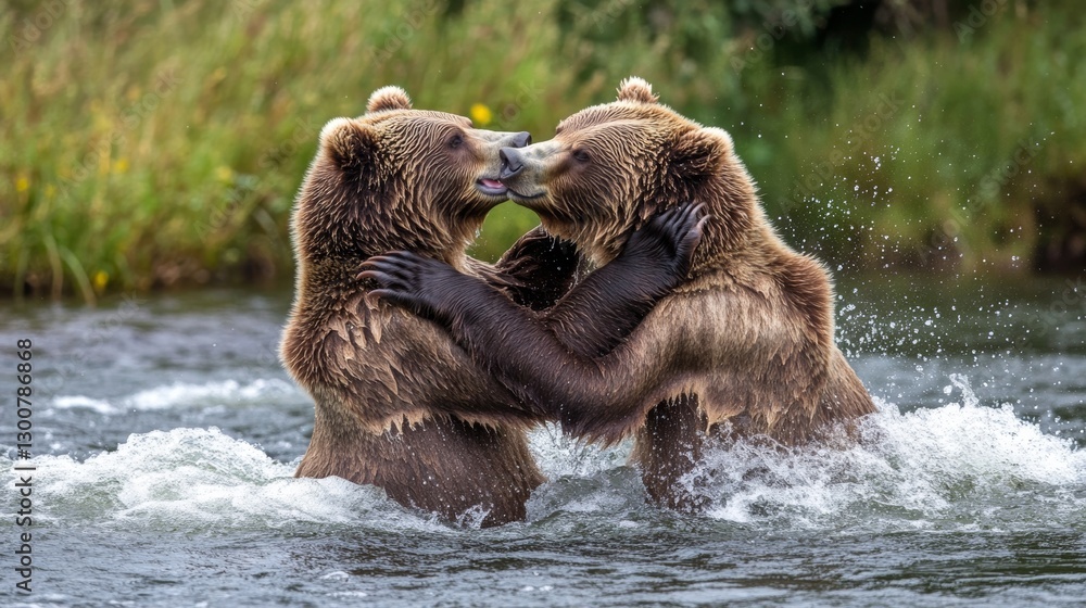 Grizzly bears playfully embracing in river water splash scene Grizzly bears playfully embracing in river water splash scene