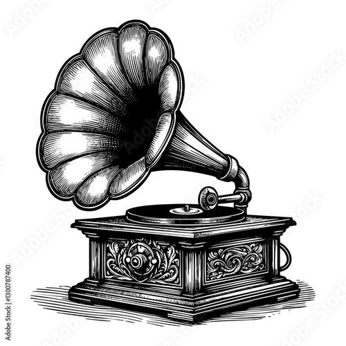 Gramophone sketch engraving black and white outline. Scratch board imitation.  illustrated in vintage line art style on a white background.