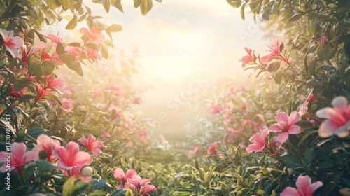 Sunlit Garden Path: A Dreamlike Floral Wonderland