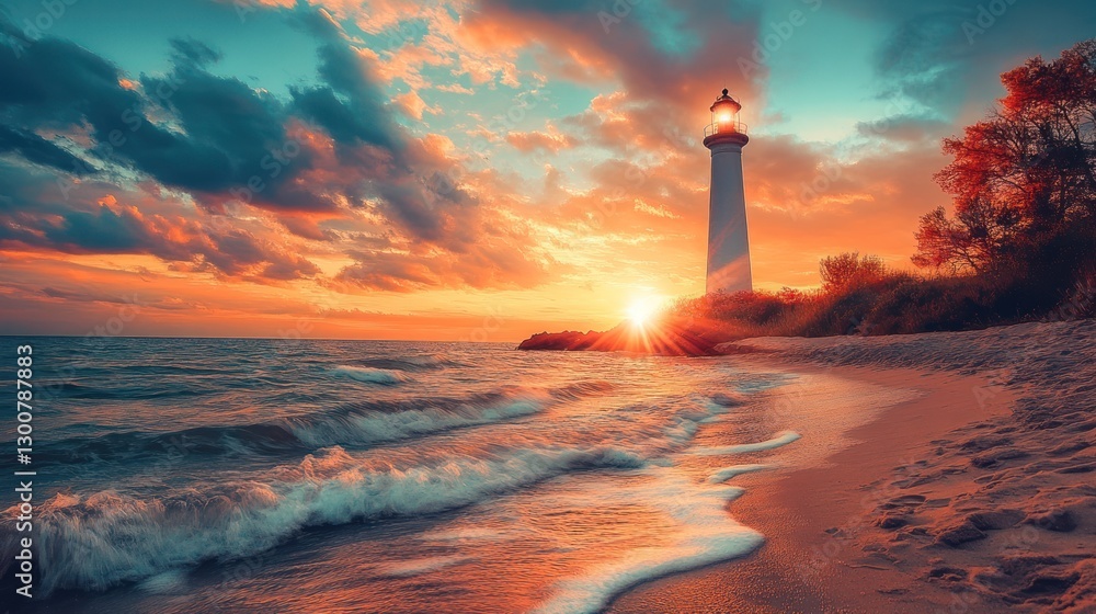 Lighthouse sunset seascape with waves on sandy beach. Lighthouse sunset seascape with waves on sandy beach.