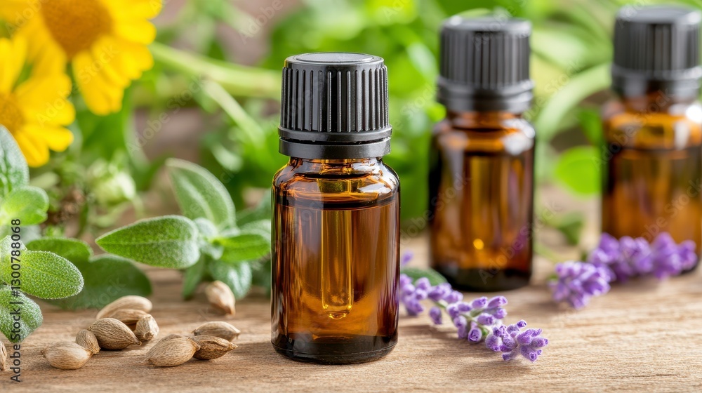 Amber Bottles of Essential Oil with Lavender and Herbs on Wood Amber Bottles of Essential Oil with Lavender and Herbs on Wood