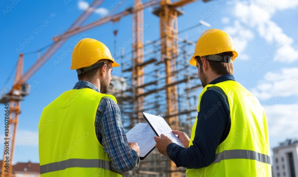 Construction workers review documents on site Construction workers review documents on site