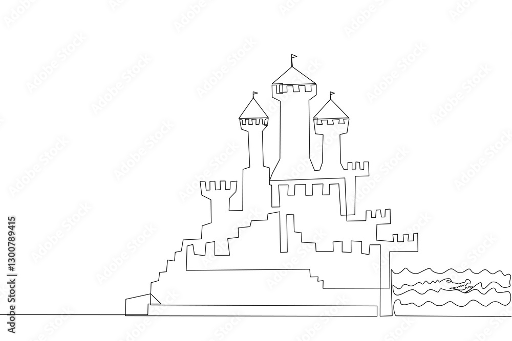 Minimalist continuous one line drawing of a medieval castle on a rocky shore, featuring towers, battlements, and surrounding waves. Perfect for storytelling, and fantasy themes. Vector Editable stroke Minimalist continuous one line drawing of a medieval castle on a rocky shore, featuring towers, battlements, and surrounding waves. Perfect for storytelling, and fantasy themes. Vector Editable stroke