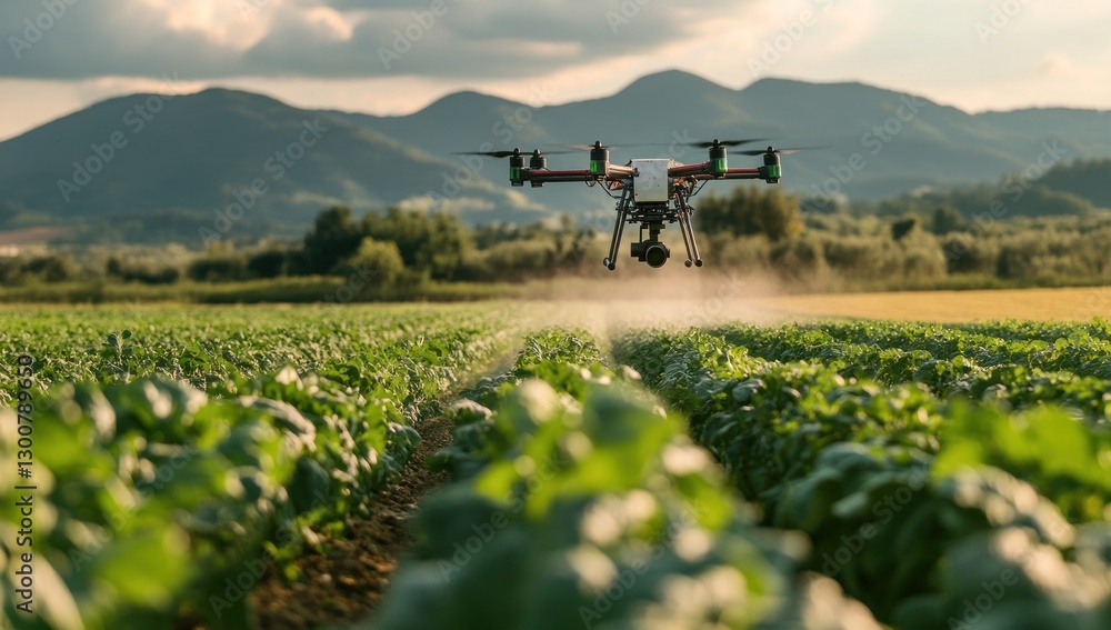 Drone spraying crops in a vast agricultural field. Drone spraying crops in a vast agricultural field.