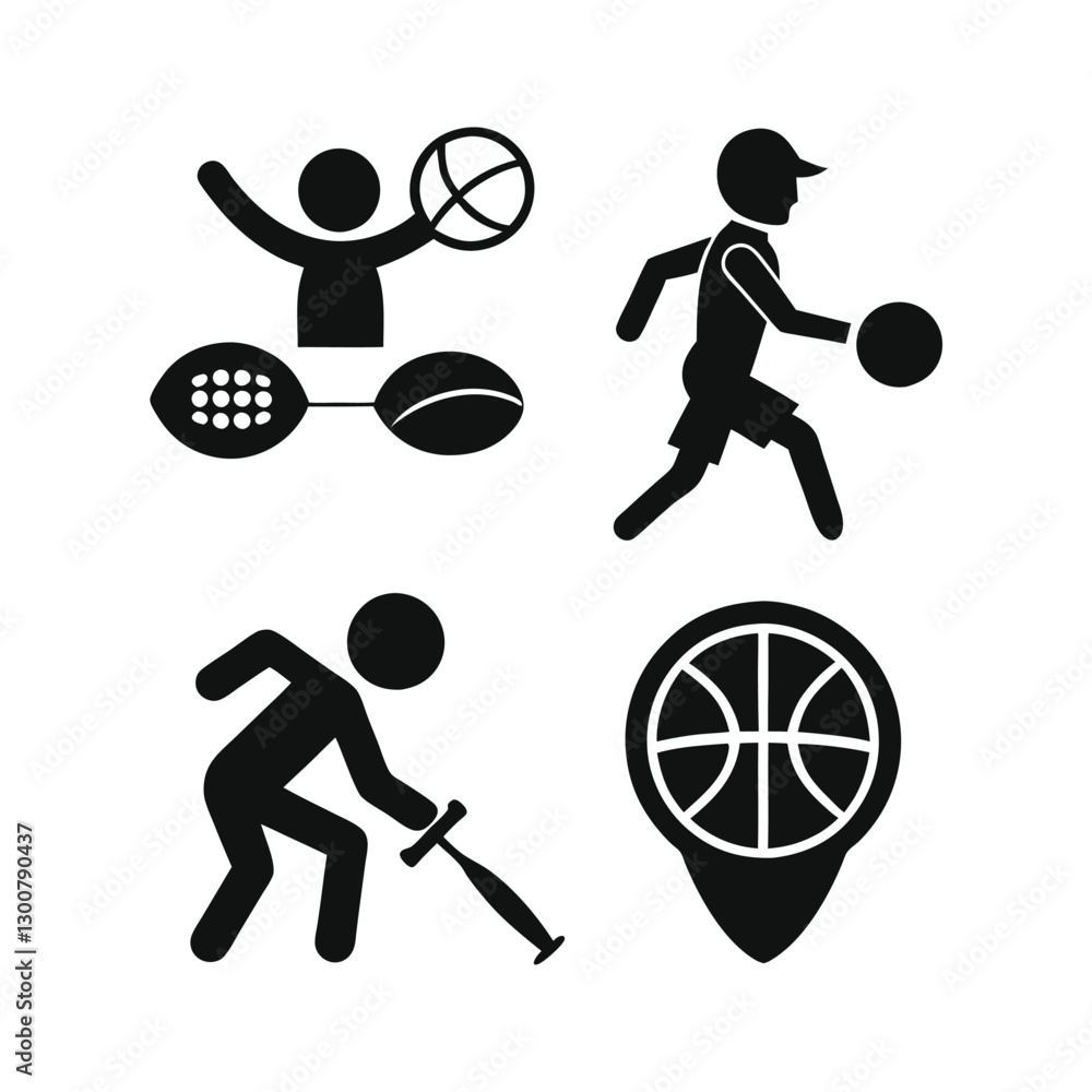 Fototapeta premium Silhouette set of sports icons including tennis player, ball, racket, and action illustrations in vector style