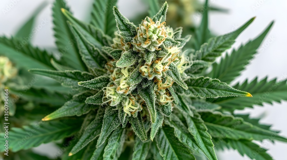 Top-Down View of Expertly Trimmed Cannabis Flower Showcasing its Structure and Vibrant on a Clean White Background Top-Down View of Expertly Trimmed Cannabis Flower Showcasing its Structure and Vibrant on a Clean White Background