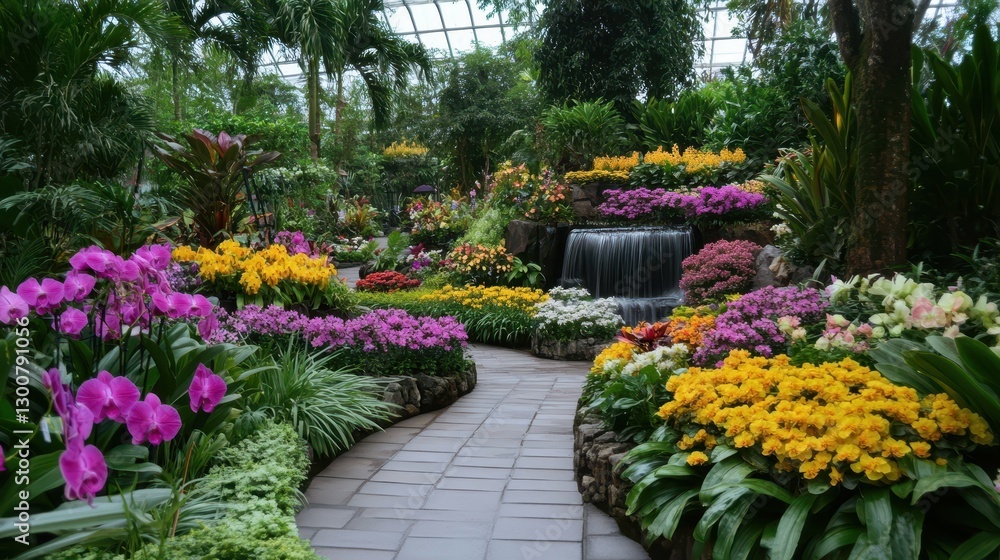 Obraz premium Orchid garden tropical relaxation concept. A vibrant garden path adorned with colorful orchids and lush greenery, leading to a tranquil waterfall, creating a serene natural oasis.