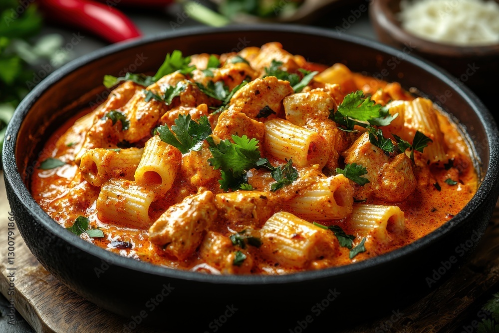 Creamy rigatoni pasta with chicken and herbs served in a rustic bowl on a wooden table Creamy rigatoni pasta with chicken and herbs served in a rustic bowl on a wooden table