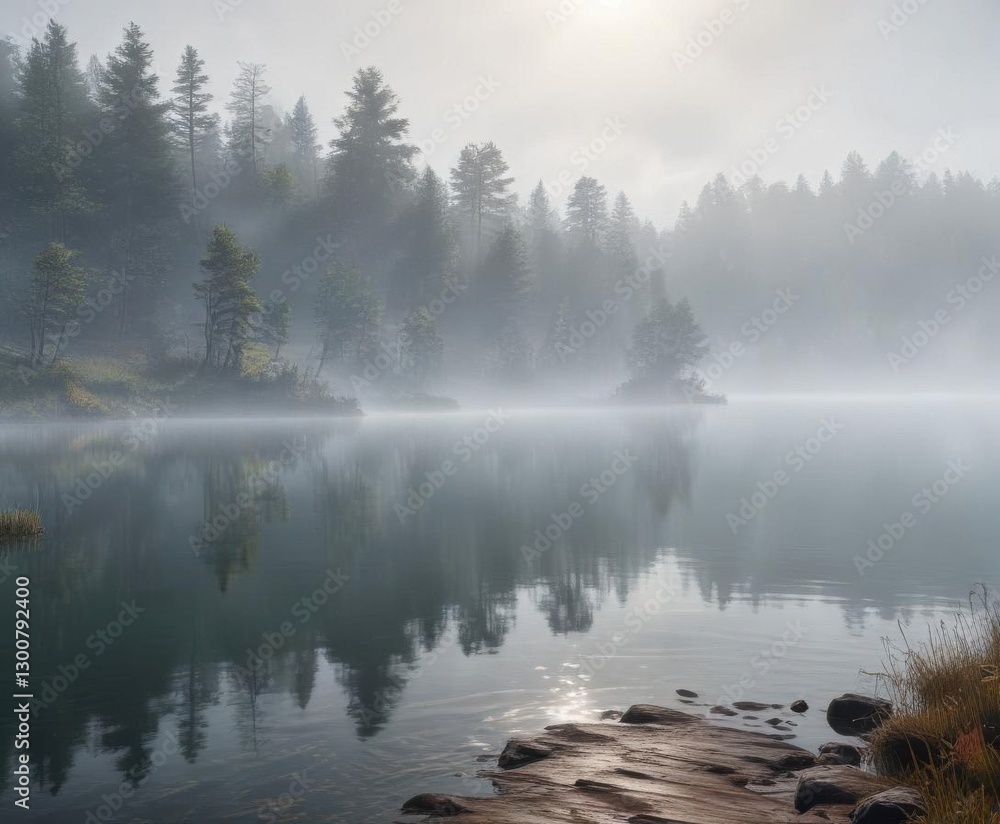 Fototapeta premium Misty morning fog rolling over a lake's surface, lake, watercolor