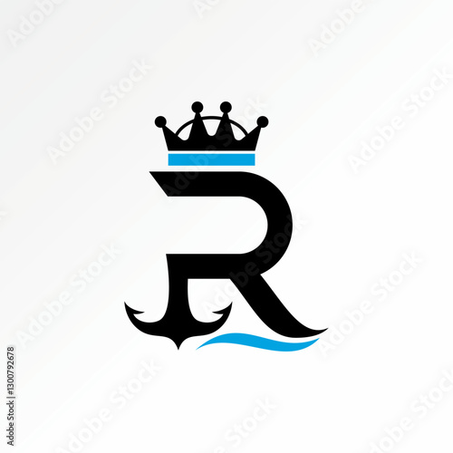 Logo design graphic concept creative premium vector stock image top sell initial R sans serif font crown waves anchor water ocean pirate sea ship hook