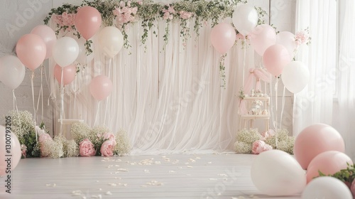 Elegant Pink and White Balloon Birthday Party Setup