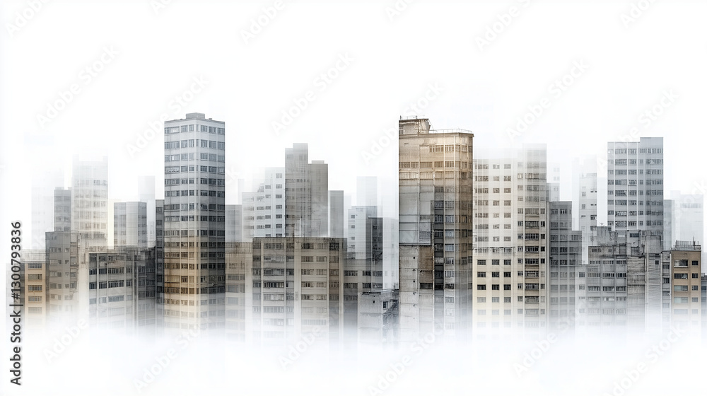 Fototapeta premium Layered cityscape revealing skyscrapers and residential buildings rising through dense fog, generating enigmatic urban landscape with ethereal, atmospheric depth
