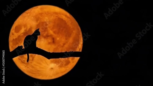 Eerie Silhouette of a Cat Perched on a Branch Against a Massive Orange Harvest Moon
