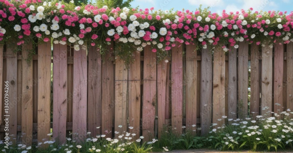 Fototapeta premium Pink and white floral banner draped across a rustic wooden fence, natural, pink floral banner, flowers