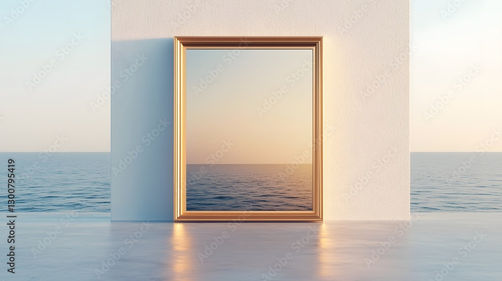 Fototapeta premium Ethereal Golden Frame Floating in Surreal Coastal Landscape with Tranquil Reflections