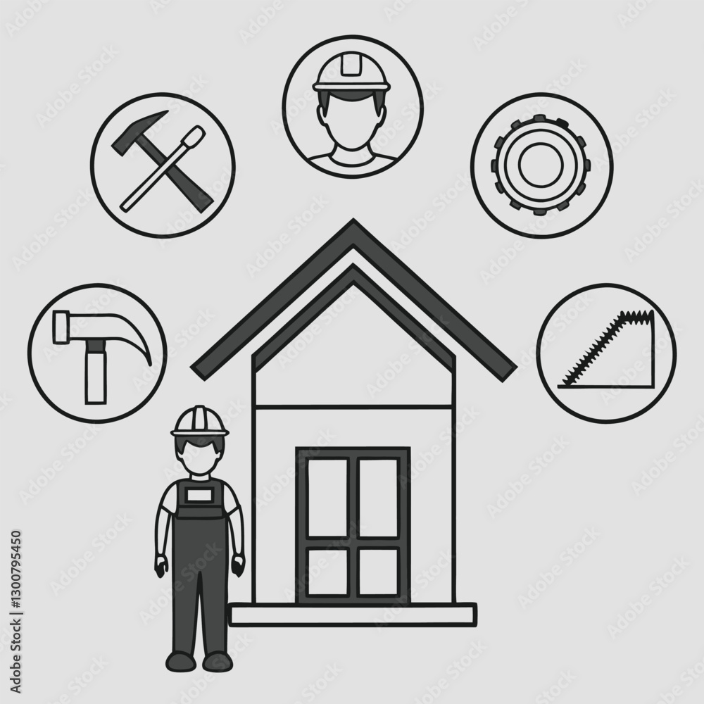 Fototapeta premium Construction Worker Silhouette Tools and House Framing Icons
