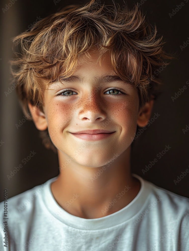 Smiling boy with tousled hair in casual white t-shirt during a sunny afternoon indoors Smiling boy with tousled hair in casual white t-shirt during a sunny afternoon indoors