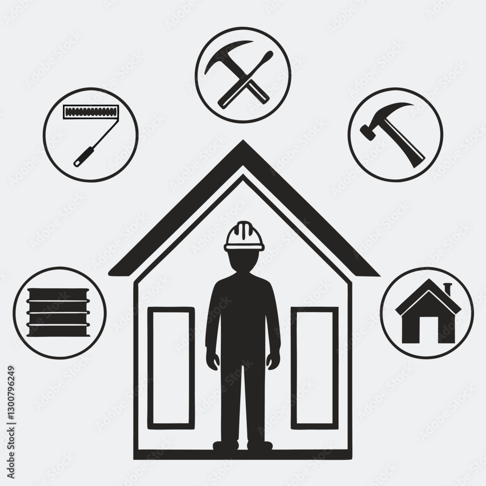 Fototapeta premium Construction Industry Icons Worker, Tools, and House Framing