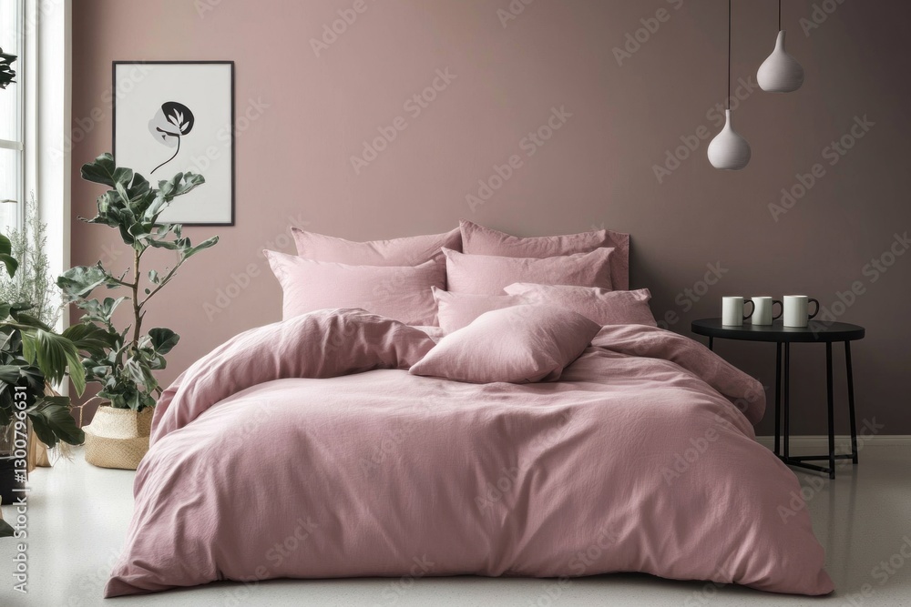Obraz premium Dusty rose bedding on bed in minimalist bedroom.