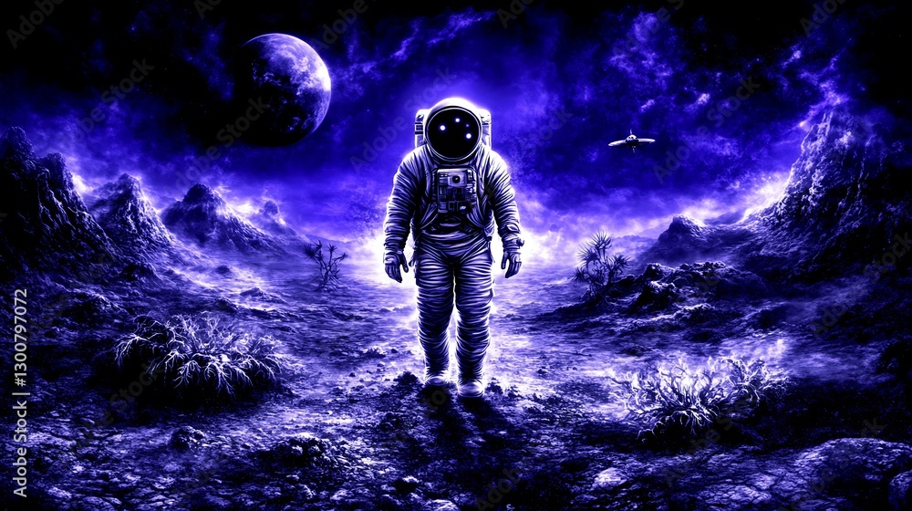 Obraz premium Astronaut on alien landscape; exploration, solitude