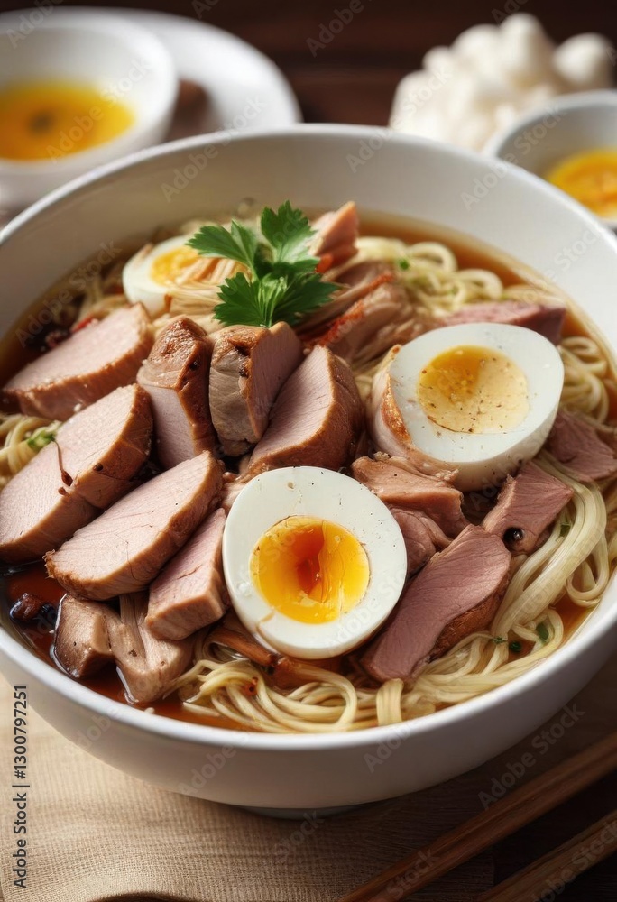 Close-up shot of juicy pork slices and a perfectly cooked soft-boiled egg on a bed of noodles in a clear shoyu broth, savory sauce, comforting bowl food, protein rich ingredients Close-up shot of juicy pork slices and a perfectly cooked soft-boiled egg on a bed of noodles in a clear shoyu broth, savory sauce, comforting bowl food, protein rich ingredients