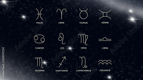Minimalist zodiac symbols on a cosmic starry background. Elegant astrology-themed digital design featuring all twelve horoscope signs, perfect for mystic, celestial, and esoteric projects.