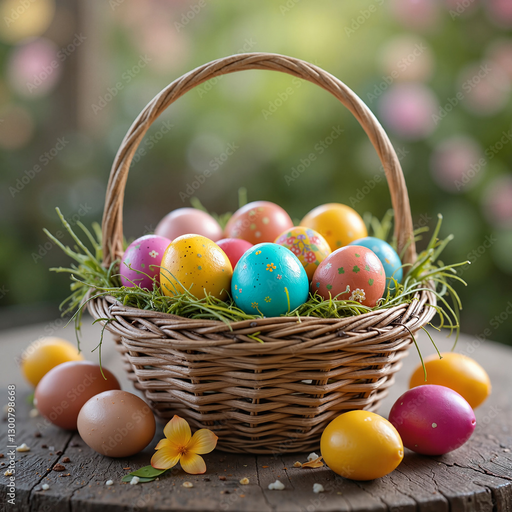 Easter basket filled with colorful eggs on rustic table, spring atmosphere Easter basket filled with colorful eggs on rustic table, spring atmosphere