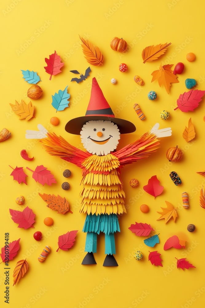 Naklejka premium Colorful paper scarecrow surrounded by autumn leaves and festive decorations for a creative fall-themed craft display