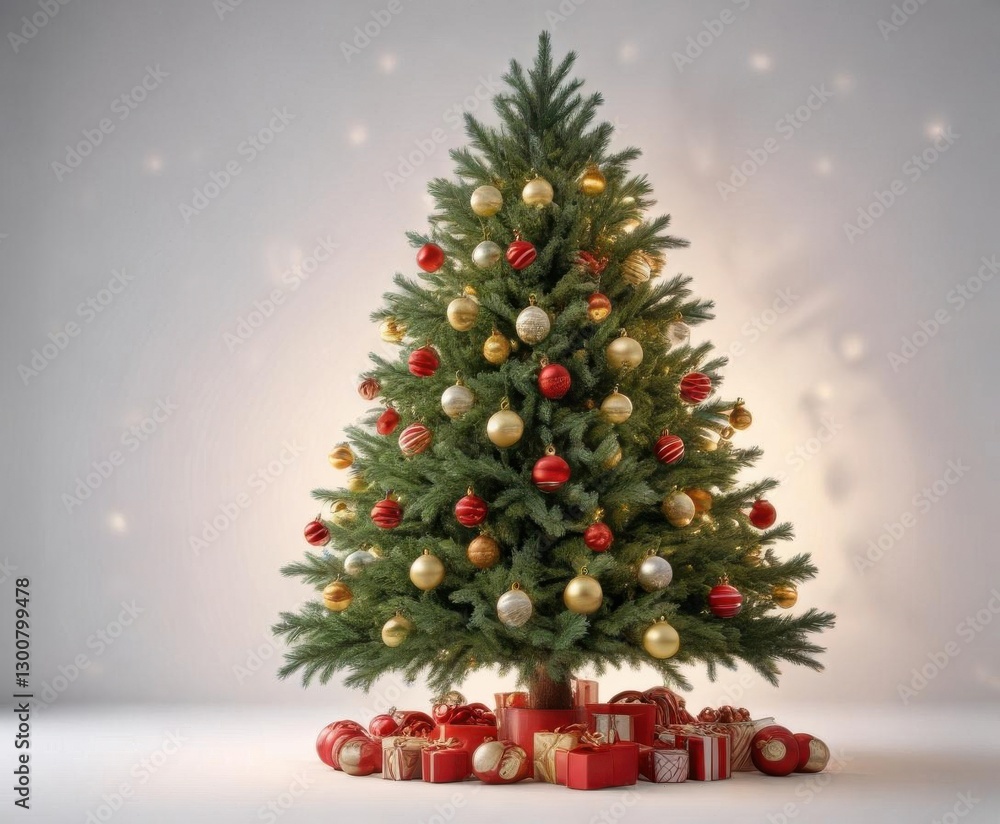 Obraz premium Fir tree decorated with ornaments and lights on white background, tree, decorations, fir