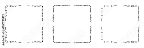 Frame set. Three frames with elegant black and white ornamental frame with Viking runes, decorative border, corners. Isolated vector illustration.	