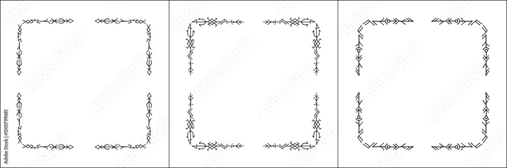 Frame set. Three frames with elegant black and white ornamental frame with Viking runes, decorative border, corners. Isolated vector illustration. Frame set. Three frames with elegant black and white ornamental frame with Viking runes, decorative border, corners. Isolated vector illustration.