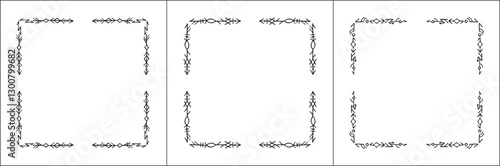Frame set. Three frames with elegant black and white ornamental frame with Viking runes, decorative border, corners. Isolated vector illustration.	